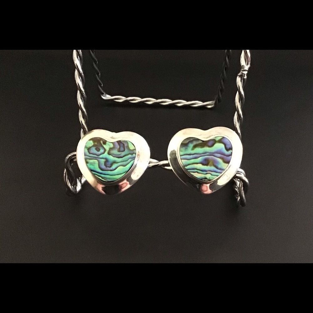 Vintage Sajen Abalone Inlaid Paua Shell Heart Clip On Earrings in 925 Sterling - Picture 2 of 6